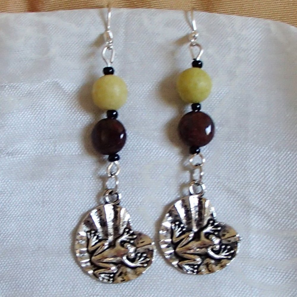 Pietersite Lemon Jade Frog Handcrafted Gemstone Sweeper Earrings Toad Lily Pad